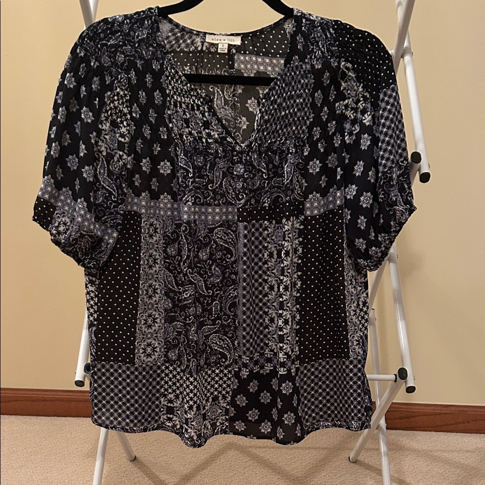 Blue and White Patterned Women's Top